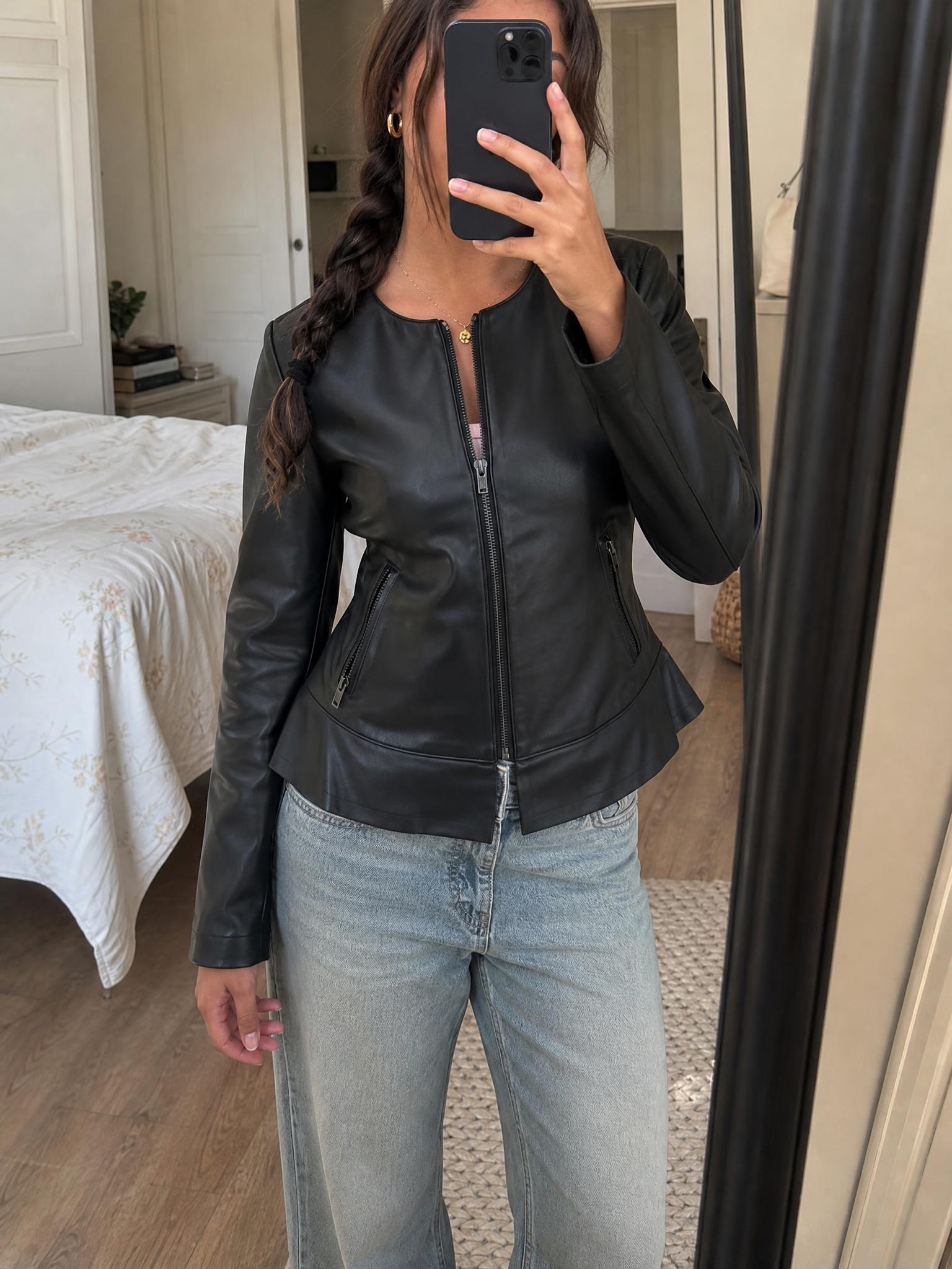 Zara black faux leather peplum jacket with zip pockets