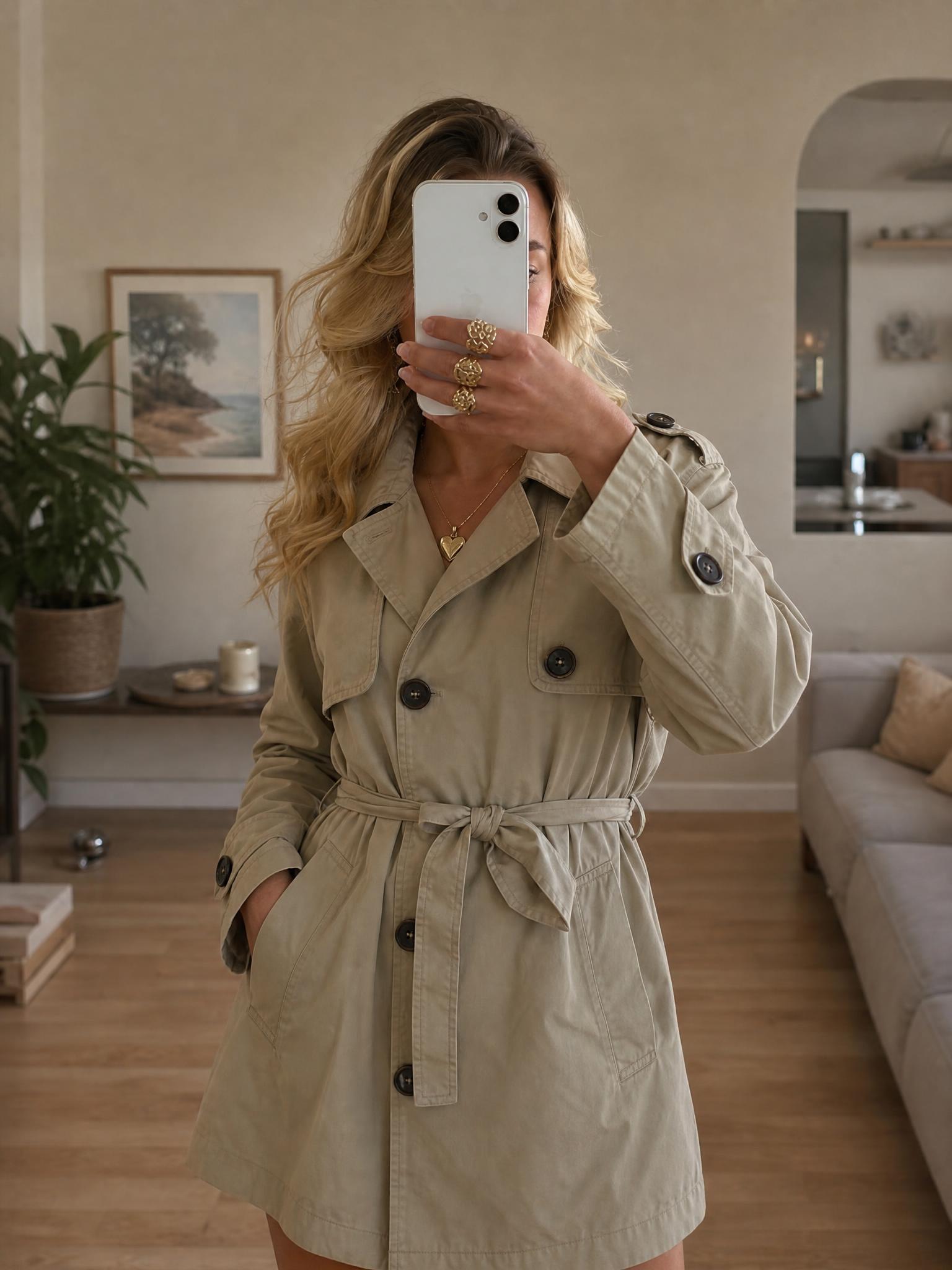 Beige double-breasted trench coat with belt