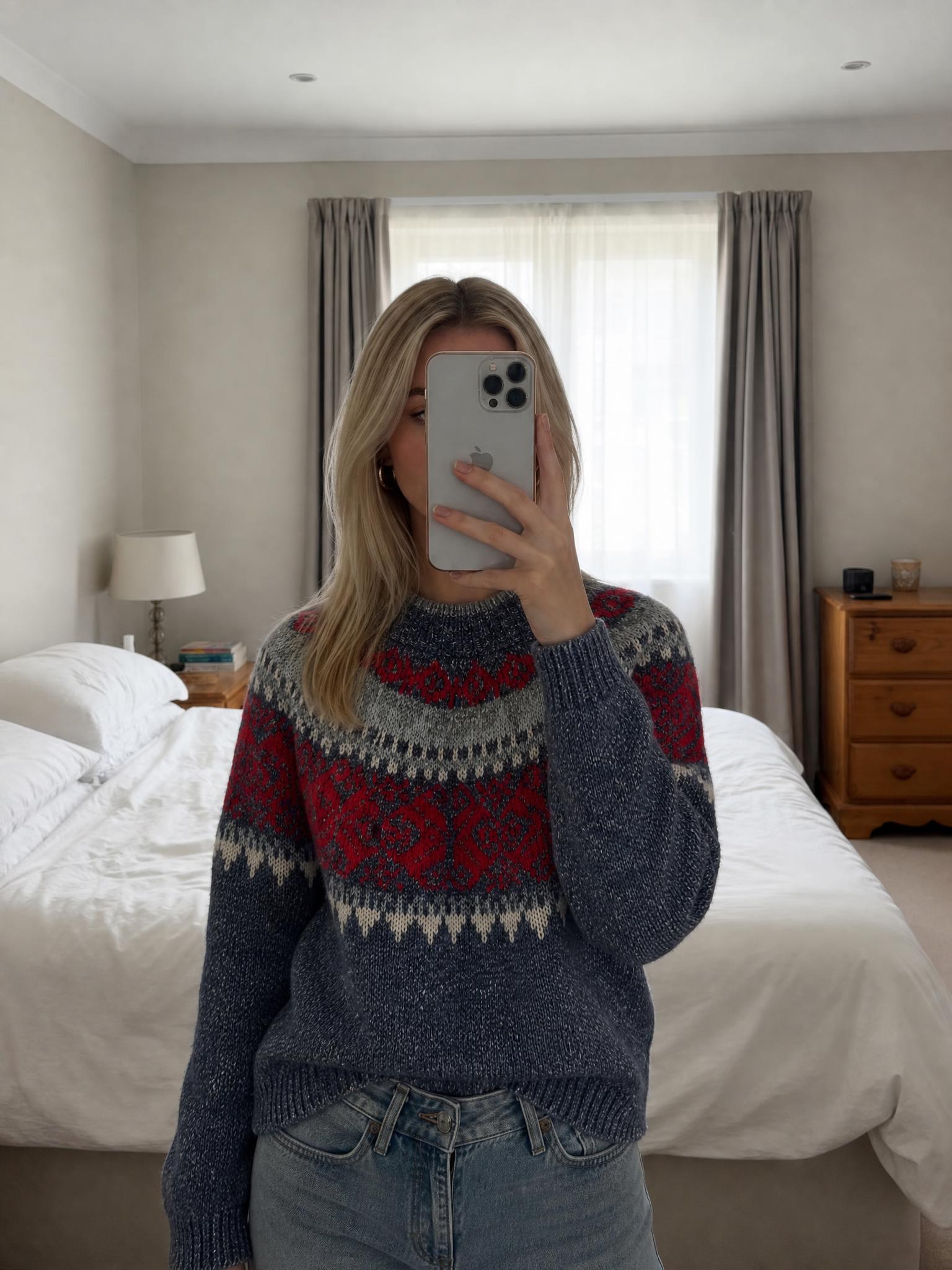 Fair Isle Knit Jumper Grey Red Nordic Pattern