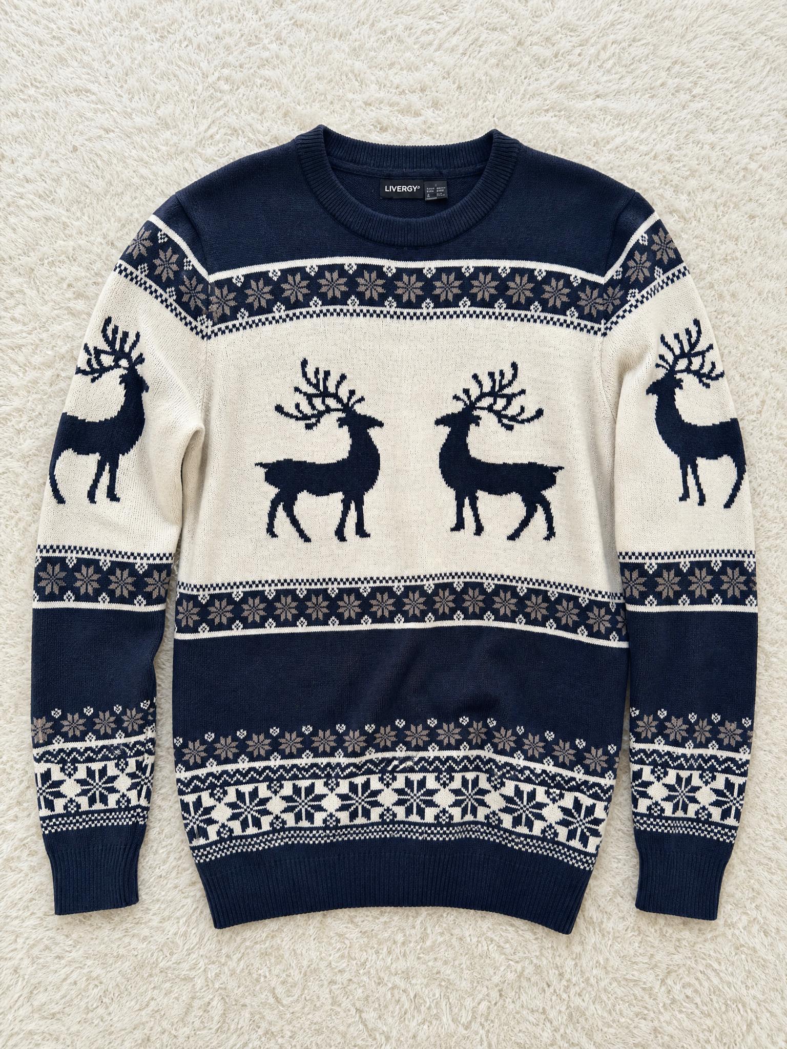 LIVERGY festive reindeer Christmas jumper navy fair isle knit