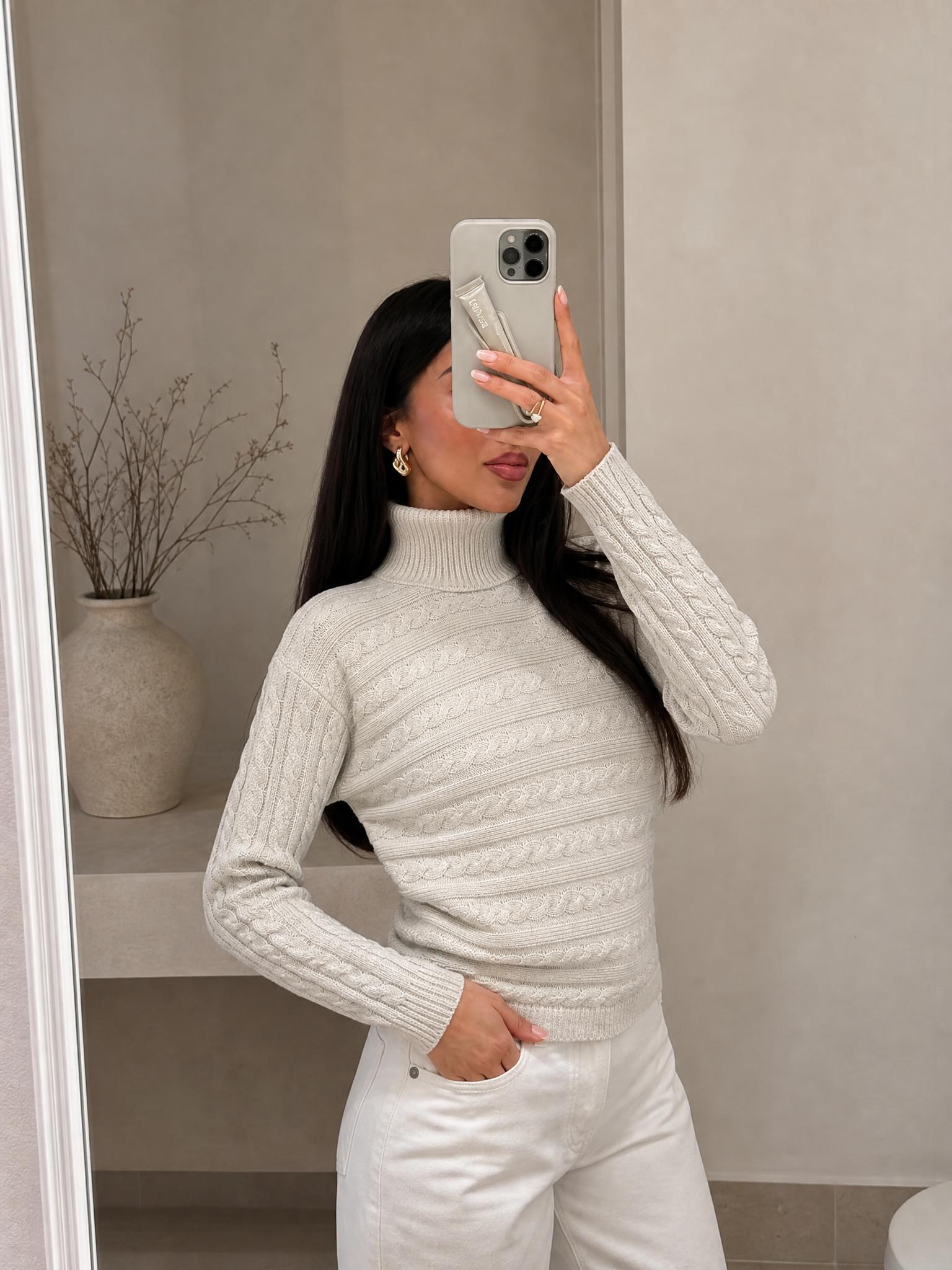Cream textured cable-knit roll-neck jumper