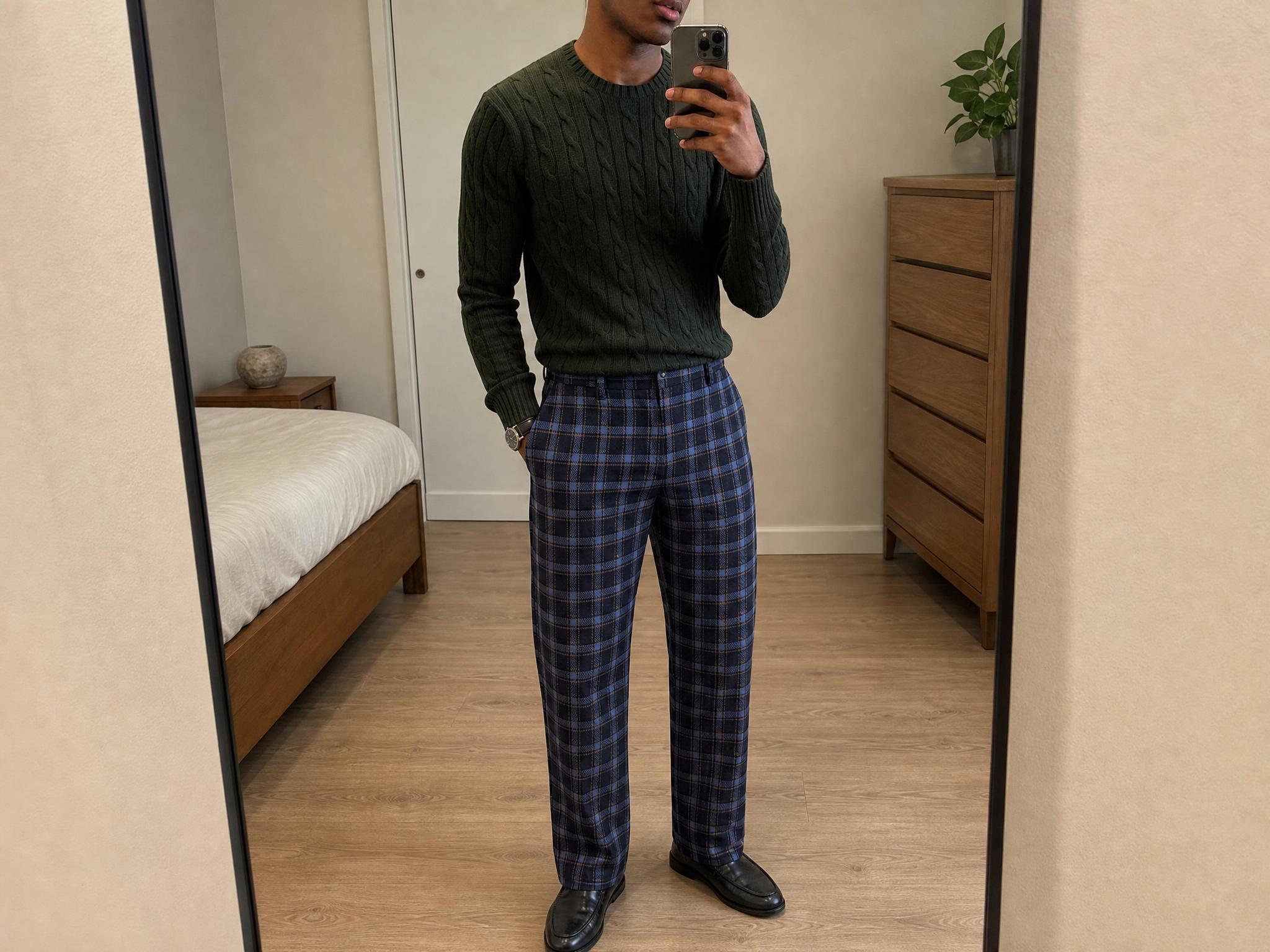 Navy Tartan Plaid High-Waisted Wide-Leg Trousers