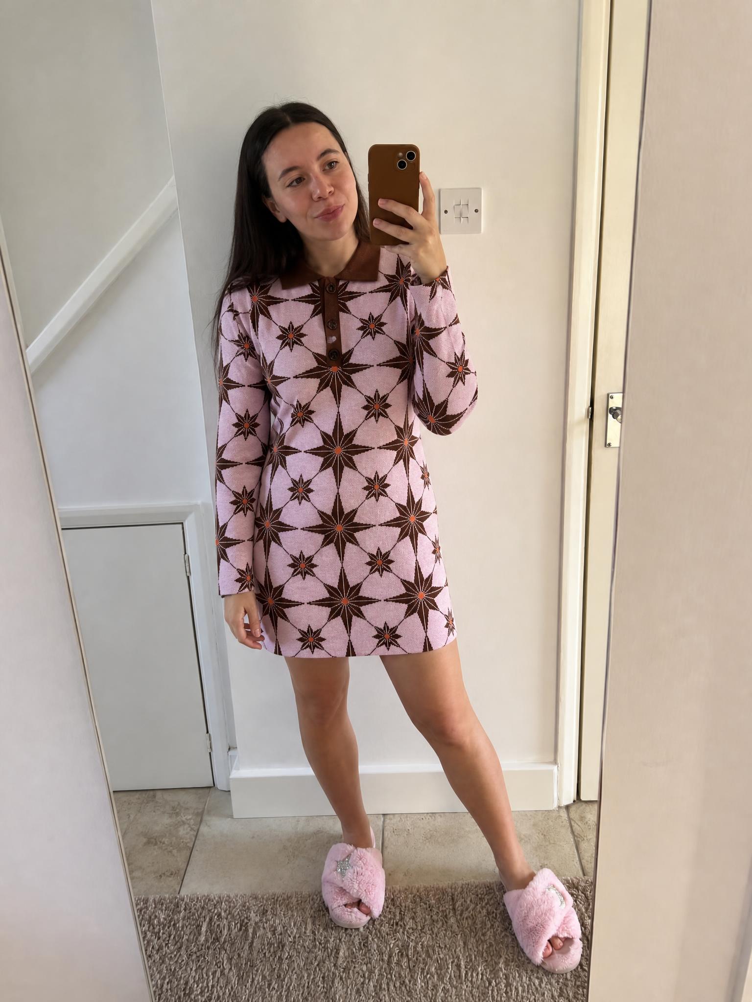 Heartbreak Pink Jacquard Knit Midi Dress with Brown Collar