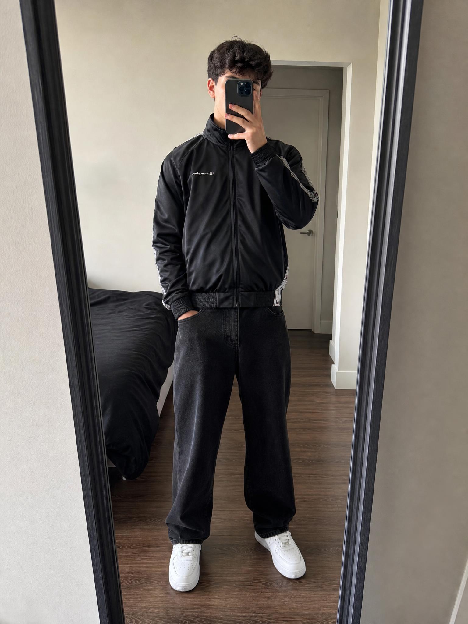 Champion black track jacket with logo tape, very good condition