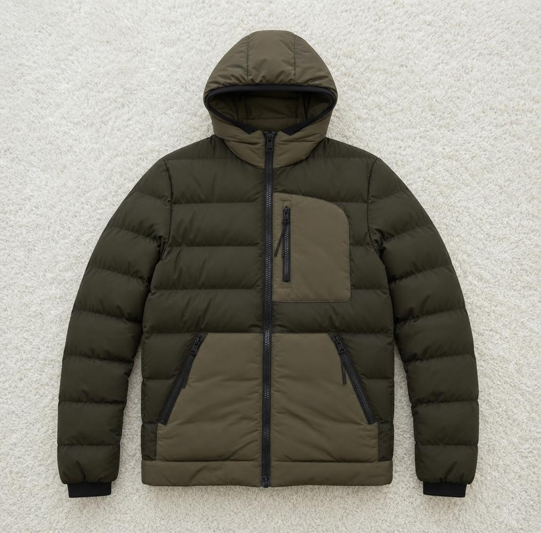 Olive Green Puffer Jacket with Hood and Contrast Panels
