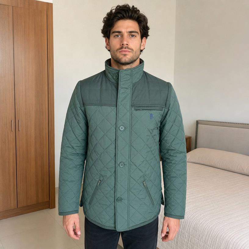 Quilted sage green jacket with stand collar and pockets
