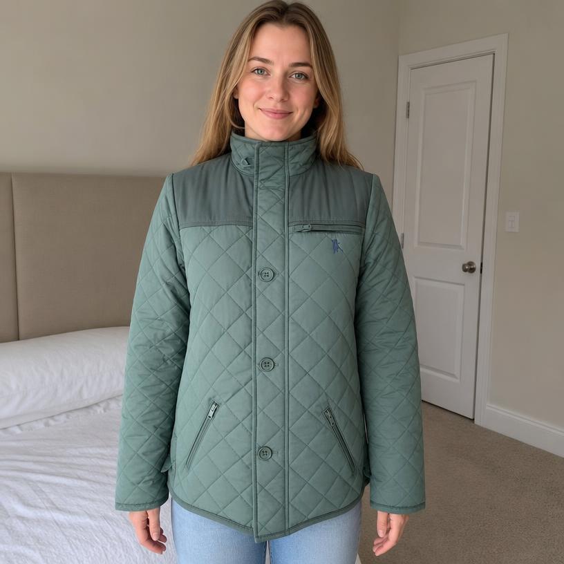 Sage Green Quilted Field Jacket with Stand Collar – Very Good