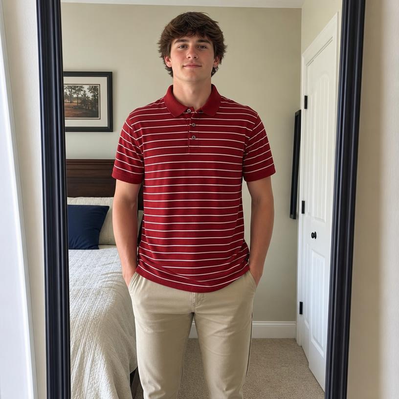 Burgundy striped polo shirt with white stripes