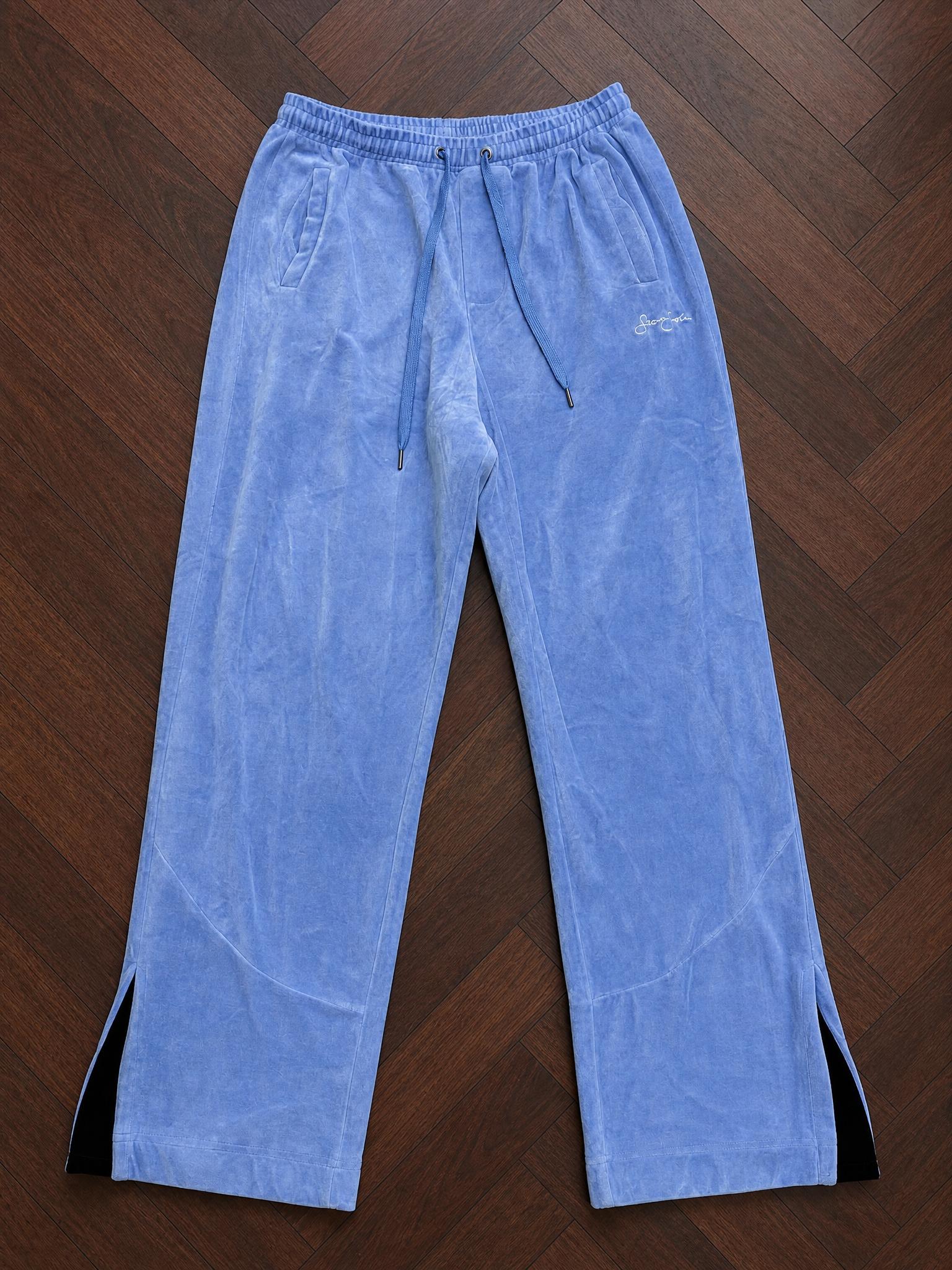Blue Velour Wide-Leg Joggers with Embroidered Logo