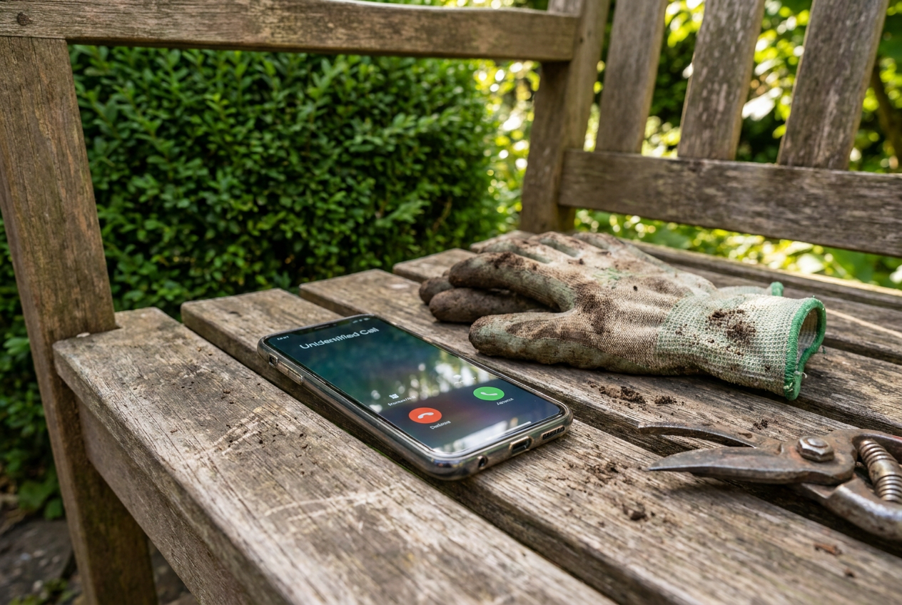 Smartphone met een inkomende oproep op een tuinbankje naast tuinhandschoenen en een snoeischaar