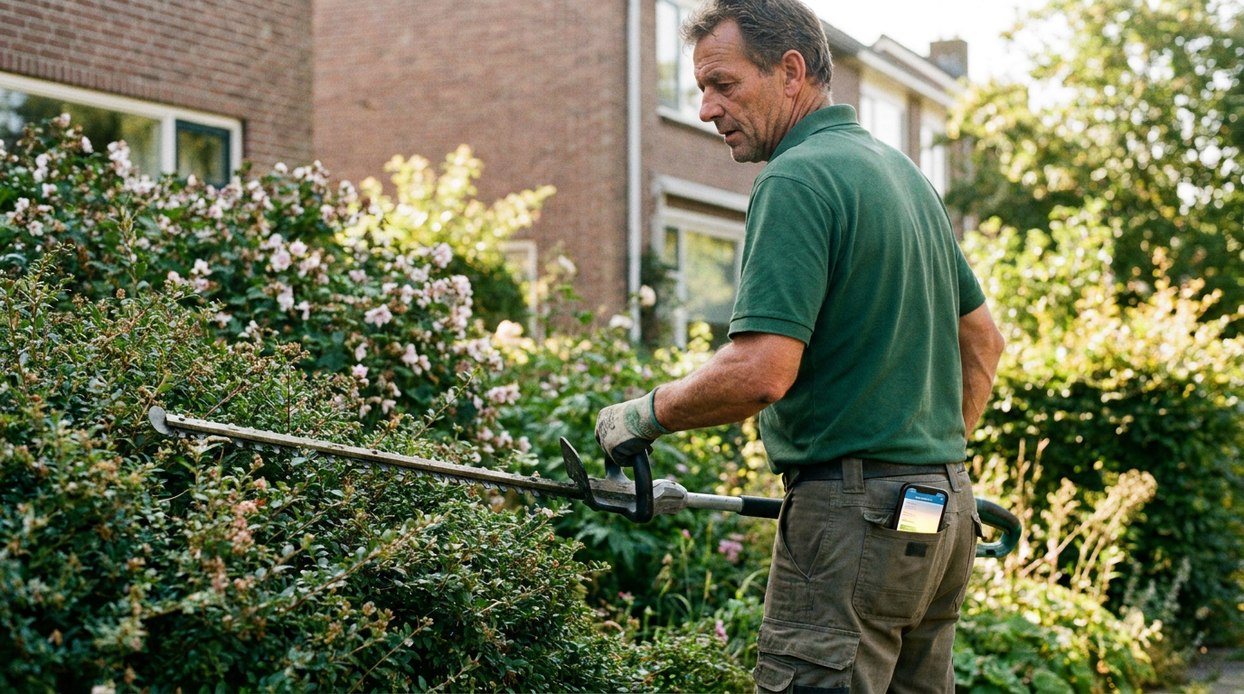 Hovenier snoeit een heg in een groene tuin terwijl zijn telefoon in zijn broekzak overgaat