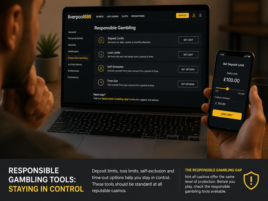 Photo-realistic image illustrating the topic of the article section "Responsible Gambling Tools at Liverpool888 – Staying in Control" (about the online casino brand "liverpool888"): Describe responsible gambling features: deposit limits, loss limits, self-exclusion, time-out options. Emphasize that such tools are expected at all reputable casinos. Address the responsible gambling gap.