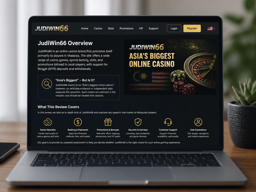 Photo-realistic image illustrating the topic of the article section "JudiWin66 Overview" (about the online casino brand "judiwin66"): Introduce JudiWin66 as an online casino targeting Malaysian players. Address the claim of being 'Asia's biggest' and note the lack of evidence. Outline the review scope.
