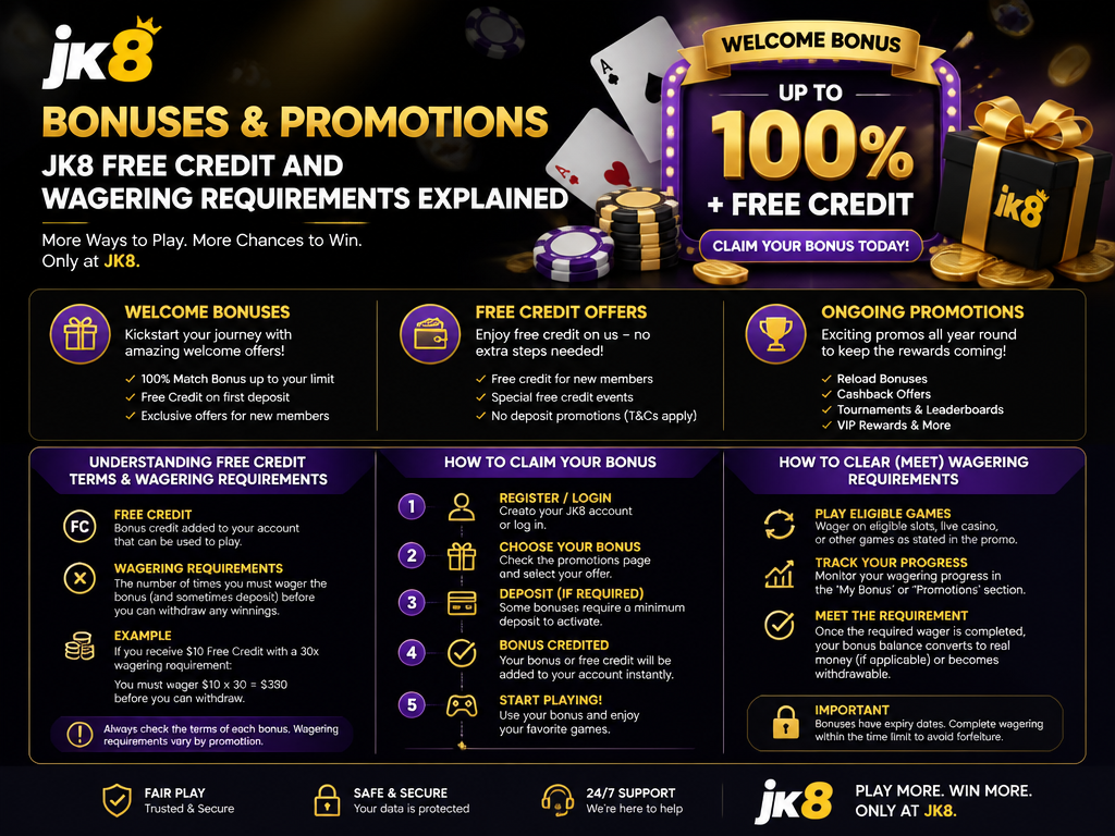 Image illustrating a casino bonus or promotion for the brand "jk8", for an article section titled "Bonuses and Promotions – JK8 Free Credit and Wagering Requirements Explained": Detail welcome bonuses, free credit offers, and ongoing promotions. Address gap: free credit terms and wagering requirements. Explain how to claim and clear bonuses.