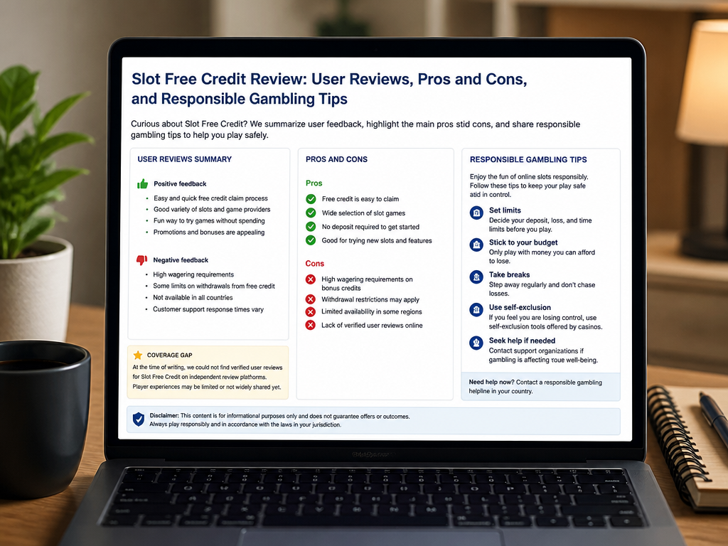 Photo-realistic image illustrating the topic of the article section "User Reviews, Pros and Cons, and Responsible Gambling Tips" (about the online casino brand "slot free credit"): Summarize user reviews (positive: easy claim, good game variety; negative: high wagering). List pros and cons. Include responsible gambling tips (set limits, self-exclusion). Cover gap: No user reviews, pros/cons, or responsible gambling information.