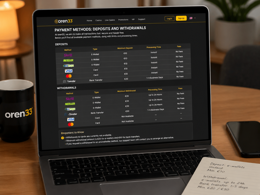Photo-realistic image illustrating the topic of the article section "Payment Methods: Deposits and Withdrawals" (about the online casino brand "oren33"): List accepted payment methods (e-wallets, bank transfers). Cover minimum deposit/withdrawal limits and processing times. Address the gap of missing withdrawal methods and limits.