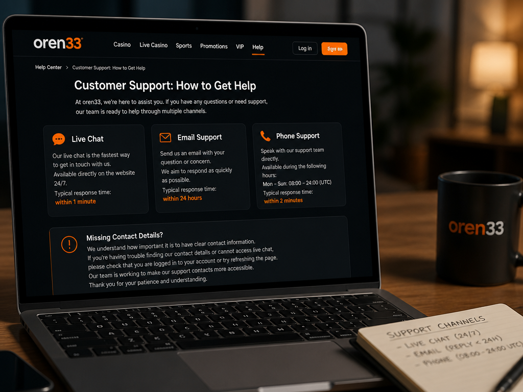 Photo-realistic image illustrating the topic of the article section "Customer Support: How to Get Help" (about the online casino brand "oren33"): Describe available customer support channels (live chat, email, phone). Mention operating hours and response times. Address the gap of missing contact details.