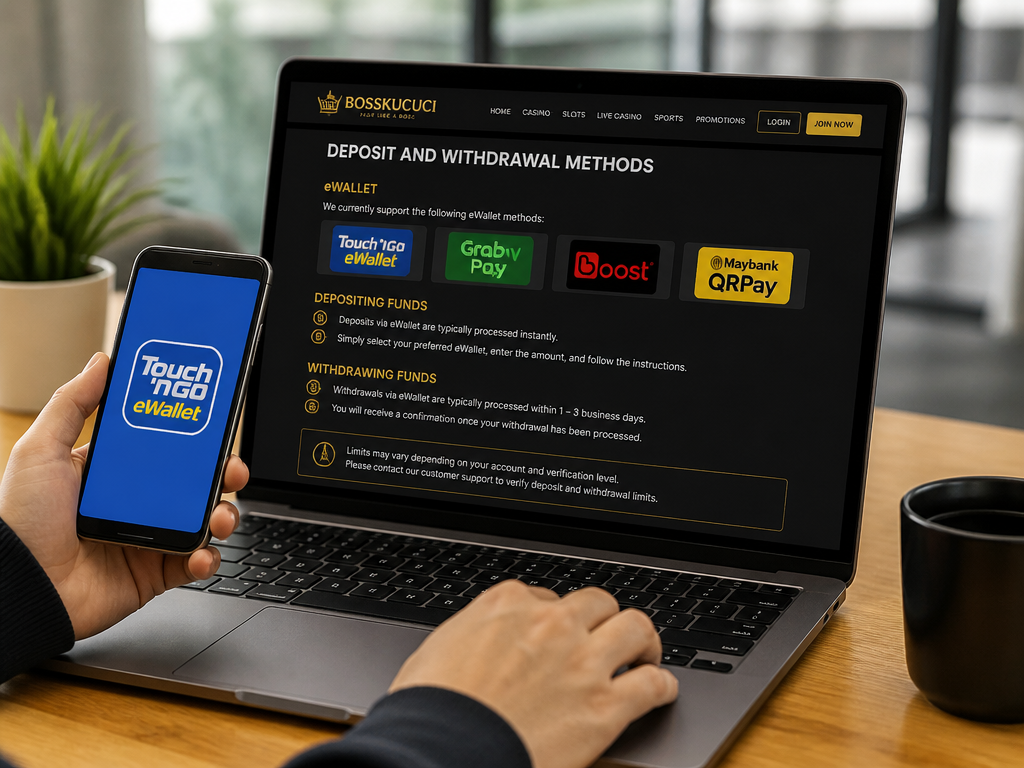 Photo-realistic image illustrating the topic of the article section "Deposit and Withdrawal Methods at Bosskucuci" (about the online casino brand "bosskucuci"): List available eWallet methods: Touch 'n Go, others. Address gaps: no withdrawal processing times or limits, no detailed deposit methods beyond names. Suggest typical processing times (instant for deposits, 1-3 days for withdrawals) and advise users to verify limits via support.