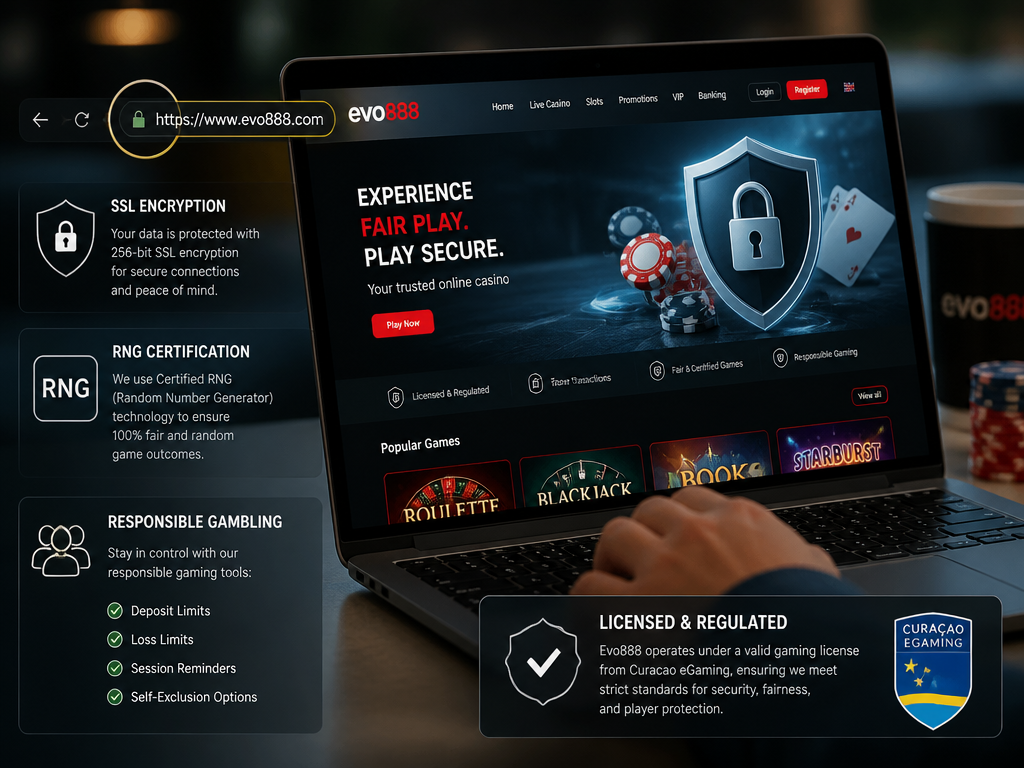 Photo-realistic image illustrating the topic of the article section "Security and Fair Play at Evo888" (about the online casino brand "evo888"): Discuss security measures: SSL encryption, RNG certification, responsible gambling tools. Reiterate licensing as part of security. Gap covered: No licensing or regulatory authority mentioned (partially), but also general security.