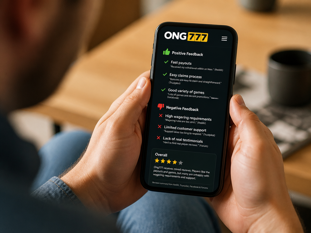 Photo-realistic image illustrating the topic of the article section "User Reviews and Trustworthiness: What Players Say About Ong777" (about the online casino brand "ong777"): Summarize user feedback from forums, social media, and review sites. Highlight positive (fast payouts, easy claims) and negative (wagering requirements, limited support). Address the gap of no real testimonials. Provide balanced view.