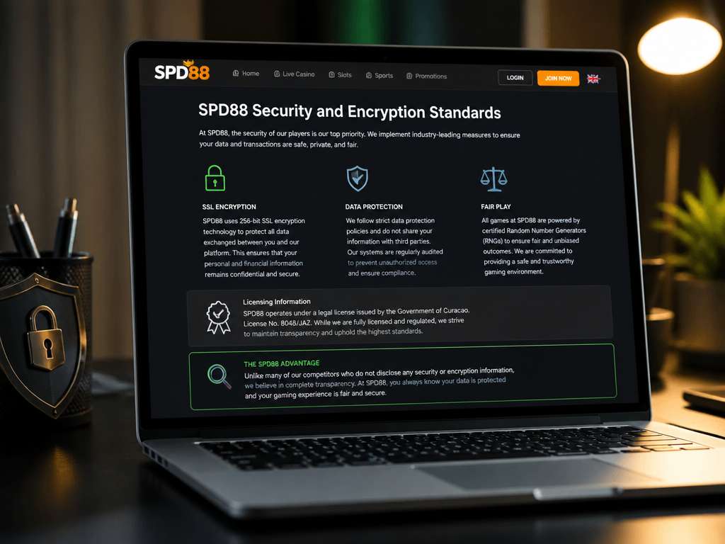 Photo-realistic image illustrating the topic of the article section "SPD88 Security and Encryption Standards" (about the online casino brand "spd88"): Discuss SSL encryption, data protection, fair play policies. Mention any licensing (if known) or lack thereof. Address gap: no security info in competitors.
