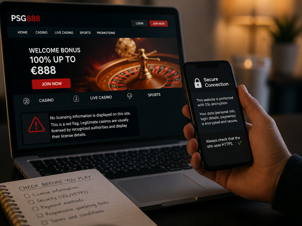 Photo-realistic image illustrating the topic of the article section "Licensing and Security: Is PSG888 Regulated and Safe to Play?" (about the online casino brand "psg888"): Address the gap: no licensing authority or regulatory body is mentioned. Explain that the absence of visible licensing information is a red flag. Discuss typical security measures (SSL encryption, data protection). Suggest that players should verify legitimacy before depositing. Also cover responsible gambling tools (gap: none mentioned).