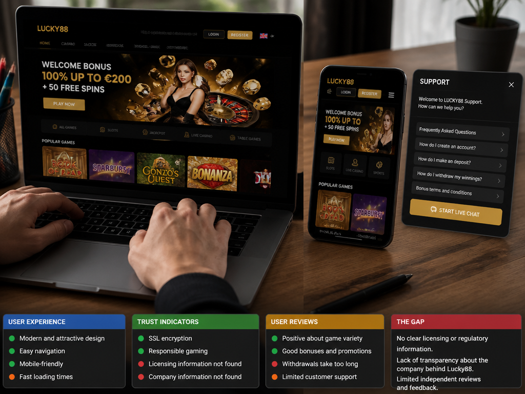 Photo-realistic image illustrating the topic of the article section "User Experience and Trust: Is Lucky88 Safe and Reliable?" (about the online casino brand "lucky88"): Discuss user experience: website design, mobile compatibility, customer support. Address trust indicators: licensing (if any), security measures, user reviews. Cover the gap that no user experience or trust indicators are present.