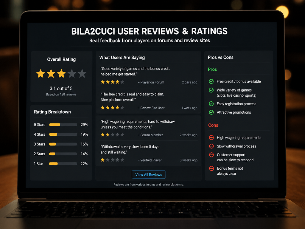 Photo-realistic image illustrating the topic of the article section "User Reviews, Ratings, and Pros vs Cons" (about the online casino brand "bila2cuci"): Summarize user feedback from forums and review sites. List pros (free credit, game variety) and cons (high wagering, slow withdrawals). Covers gap: absence of user reviews and pros/cons.