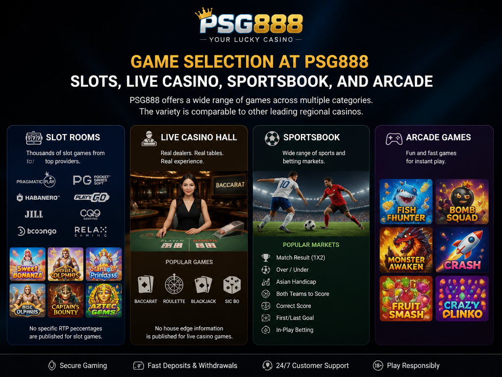 Photo-realistic image illustrating the topic of the article section "Game Selection at PSG888: Slots, Live Casino, Sportsbook, and Arcade" (about the online casino brand "psg888"): Detail the game categories available: slot rooms (list popular providers if known), live casino hall (e.g., baccarat, roulette), sportsbook markets, and arcade games. Note that no specific RTP percentages are published for slots or house edge for live casino games. Mention that the variety is comparable to other regional casinos.