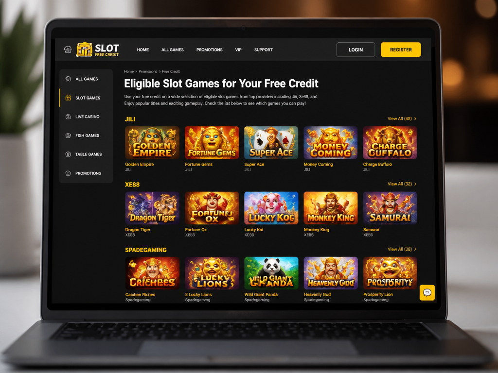 Photo-realistic image illustrating the topic of the article section "Eligible Slot Games for Your Free Credit" (about the online casino brand "slot free credit"): List eligible slot games for the free credit, e.g., Jili slots, Xe88 titles, Spadegaming games. Mention popular titles like 'Golden Empire', 'Dragon Tiger', etc. Cover gap: No list of eligible slot games for the free credit.