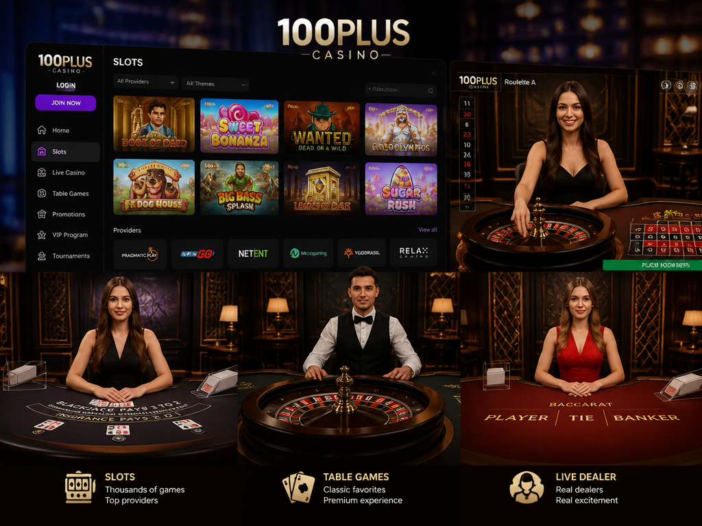 Photo-realistic image illustrating the topic of the article section "Game Library: Slots, Table Games, and Live Dealer" (about the online casino brand "100plus casino"): Cover the range of games available: slots (themes, providers), table games (blackjack, roulette, baccarat), and live dealer options. Address gap: no mention of game library. Highlight variety and quality.