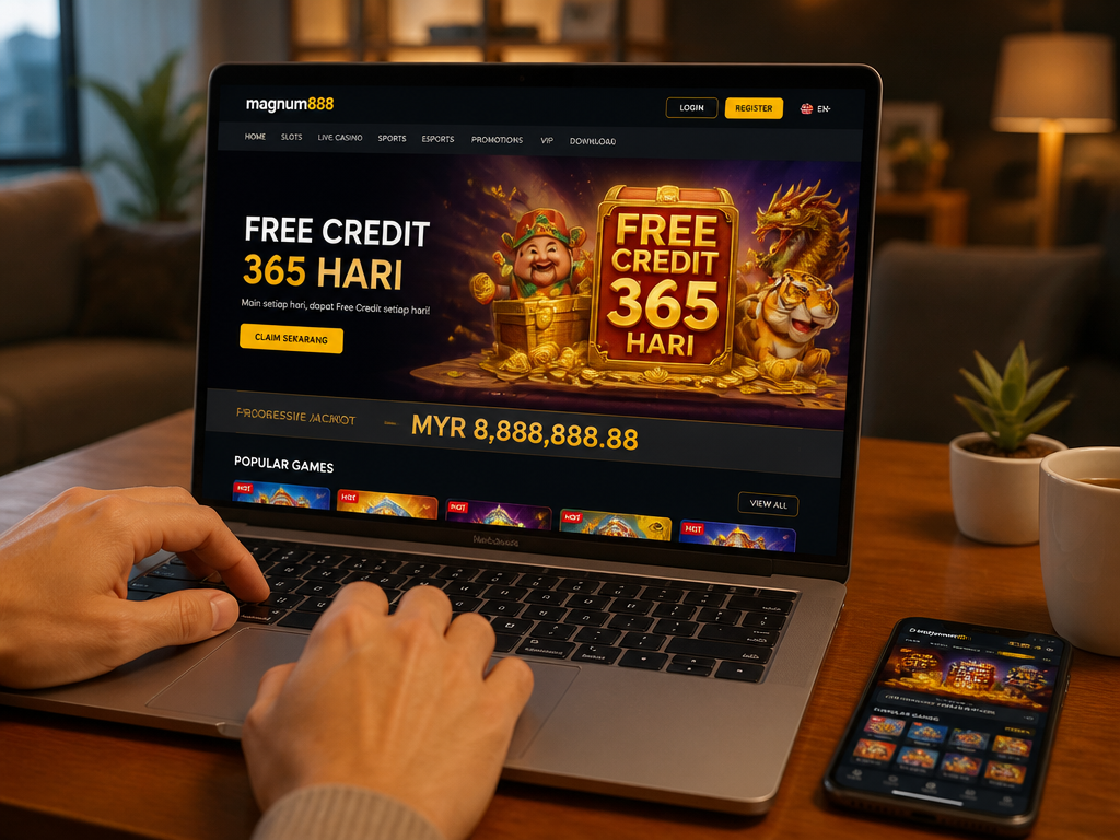 Photo-realistic image illustrating the topic of the article section "Introduction to magnum888" (about the online casino brand "magnum888"): Overview of magnum888 as an online casino platform targeting Malaysian players. Highlight the 'Free Credit 365 Hari' promotion and its popularity. Cover gap: general introduction.