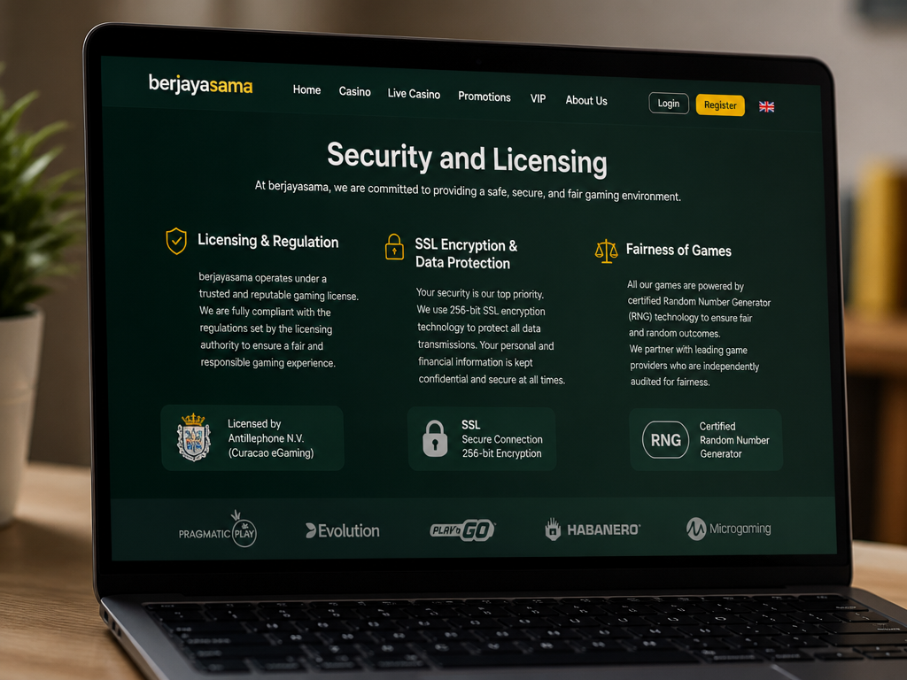 Photo-realistic image illustrating the topic of the article section "Security and Licensing" (about the online casino brand "berjayasama"): 2-3 key points: Discuss any licensing or regulatory information (if available), mention SSL encryption and data protection measures, and note fairness of games (RNG). Covers the gap of no mention of licensing, regulation, or security.