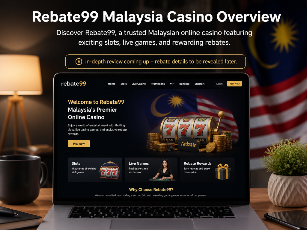 Photo-realistic image illustrating the topic of the article section "Rebate99 Malaysia Casino Overview" (about the online casino brand "rebate99"): Introduce Rebate99 as a Malaysian online casino. Highlight key features: slots, live games, rebate rewards. Set the stage for detailed review. Cover gap: no specific rebate percentage mentioned yet, but will be detailed later.