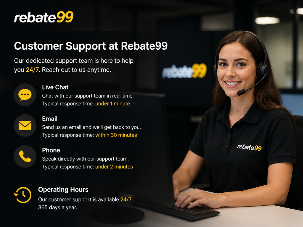 Photo-realistic image illustrating the topic of the article section "Customer Support at Rebate99" (about the online casino brand "rebate99"): List customer support channels: live chat, email, phone. Specify operating hours (24/7). Provide typical response times. Cover gap: no customer support contact methods or hours.