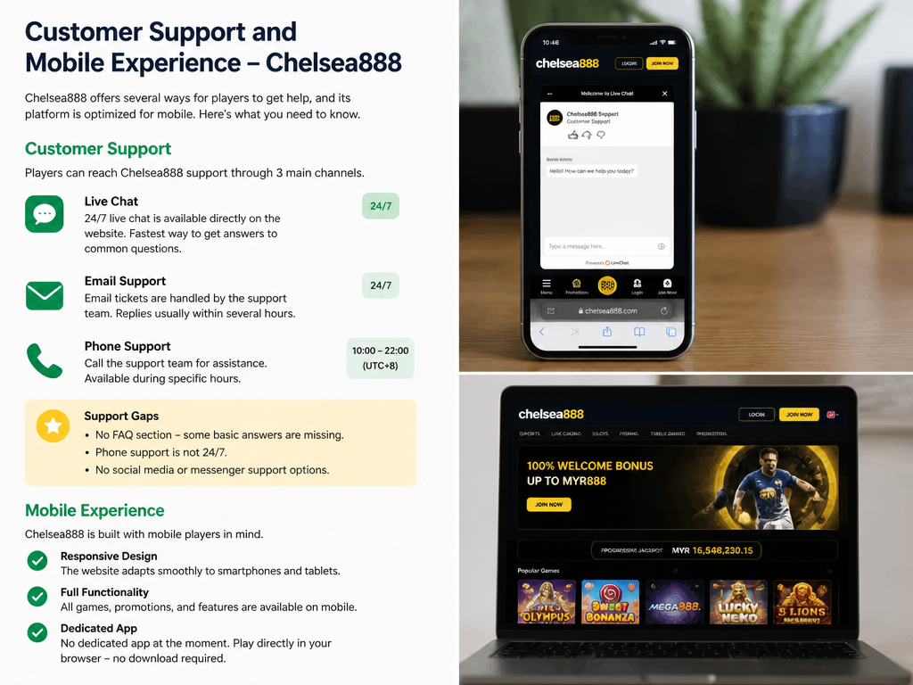 Photo-realistic image illustrating the topic of the article section "Customer Support and Mobile Experience" (about the online casino brand "chelsea888"): Describe customer support channels (live chat, email, phone) and availability. Also cover mobile compatibility, responsive design, and whether a dedicated app is available. Address gaps on support and mobile.