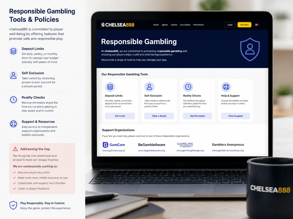 Photo-realistic image illustrating the topic of the article section "Responsible Gambling Tools and Policies" (about the online casino brand "chelsea888"): List responsible gambling features such as deposit limits, self-exclusion, reality checks, and links to support organizations. Address the gap on responsible gambling.