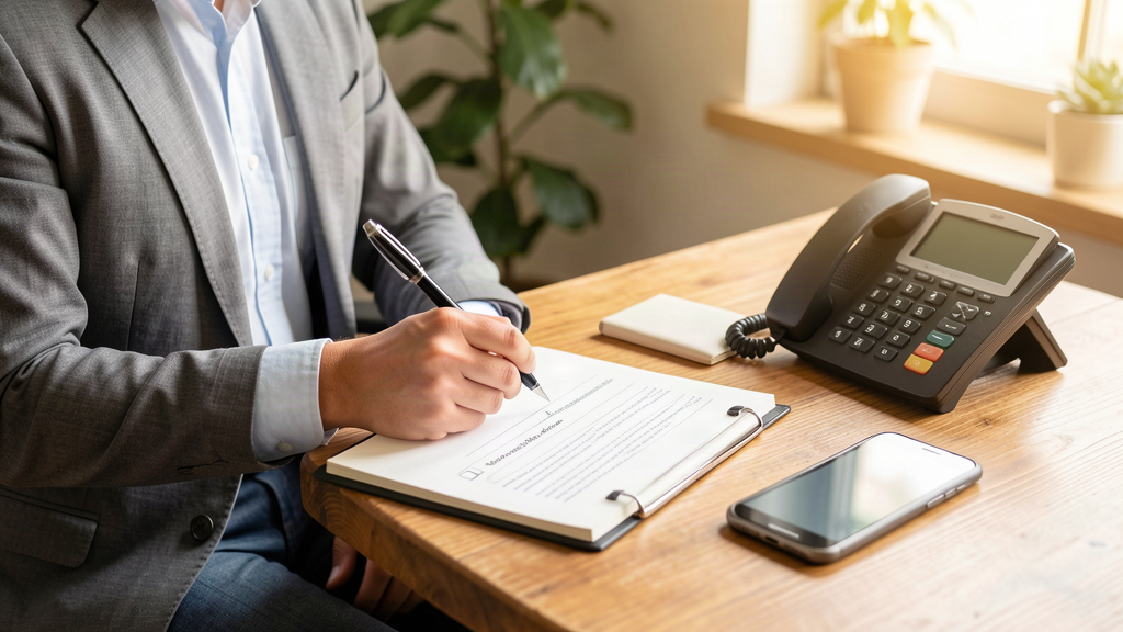 A small business owner sitting at a desk with a notepad and pen, reviewing a checklist while a smartphone rings beside them, conveying the careful decision-making process of choosing a 24/7 answering service, no text