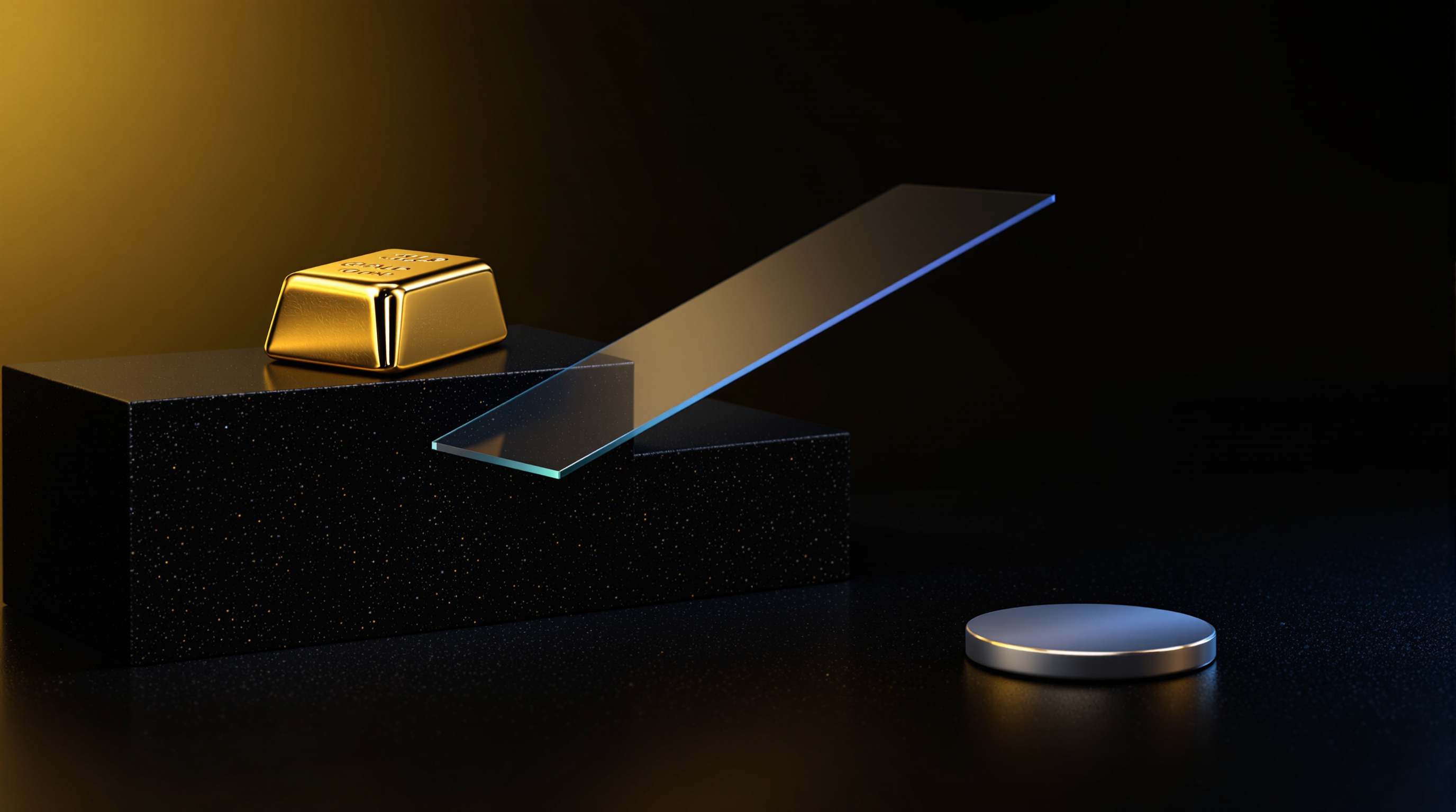 a polished gold ingot on a sleek black stepped plinth, a thin translucent silver glass plane intersecting its upward ramp, and a matte silver‑blue dis — editorial cover artwork for the Knightron story on Markets Inch Higher As Yields Pause; Gold Surges On Dollar S