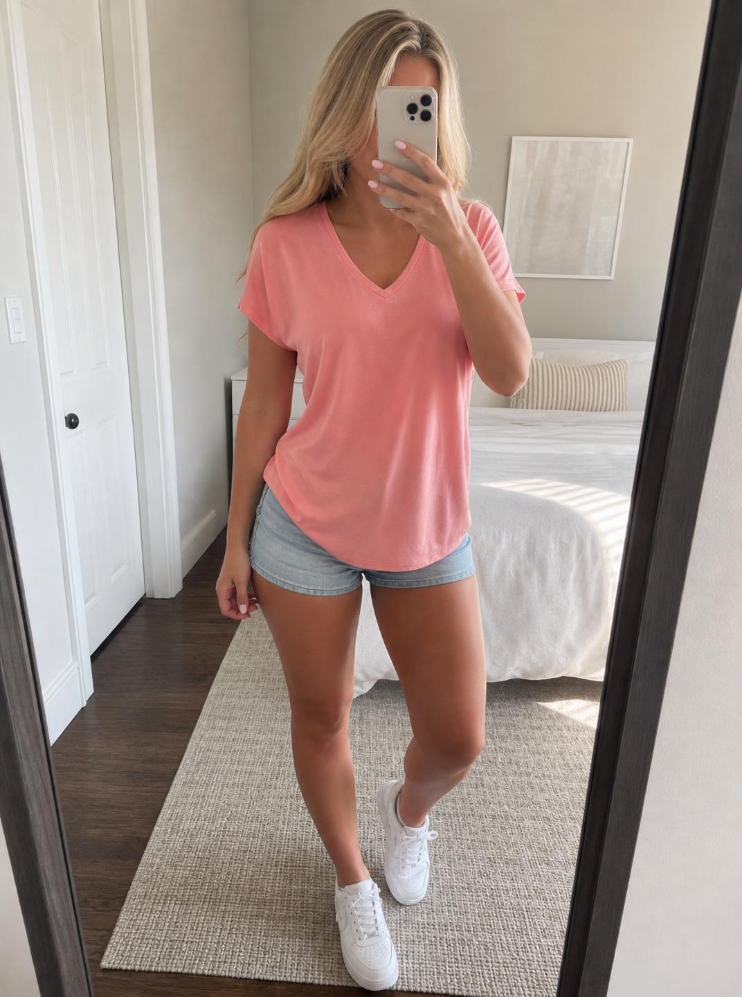Coral Pink V-Neck T-Shirt with Curved Hem – Very Good
