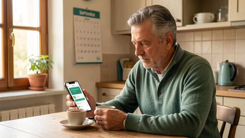 Uomo riflessivo al tavolo di cucina con telefono e caffè, calendario di settembre sullo sfondo