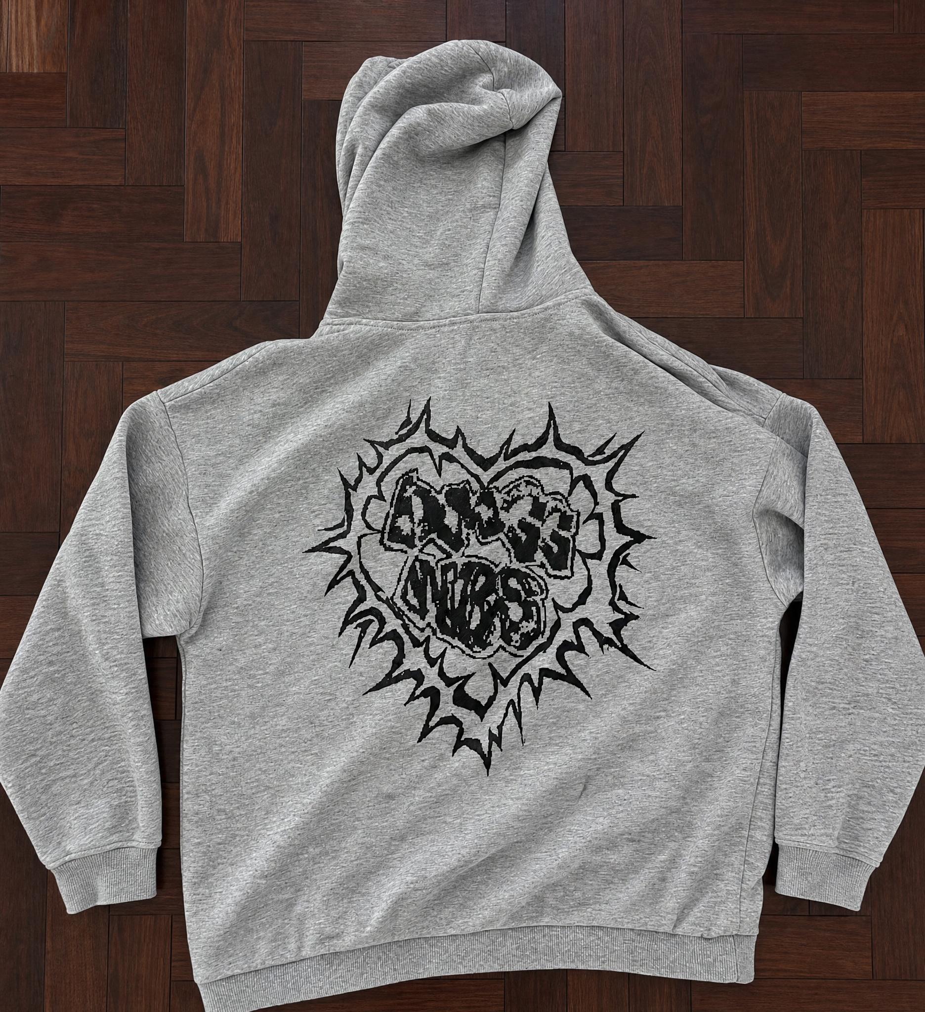Grey Graphic Pullover Hoodie with Black Animal Print