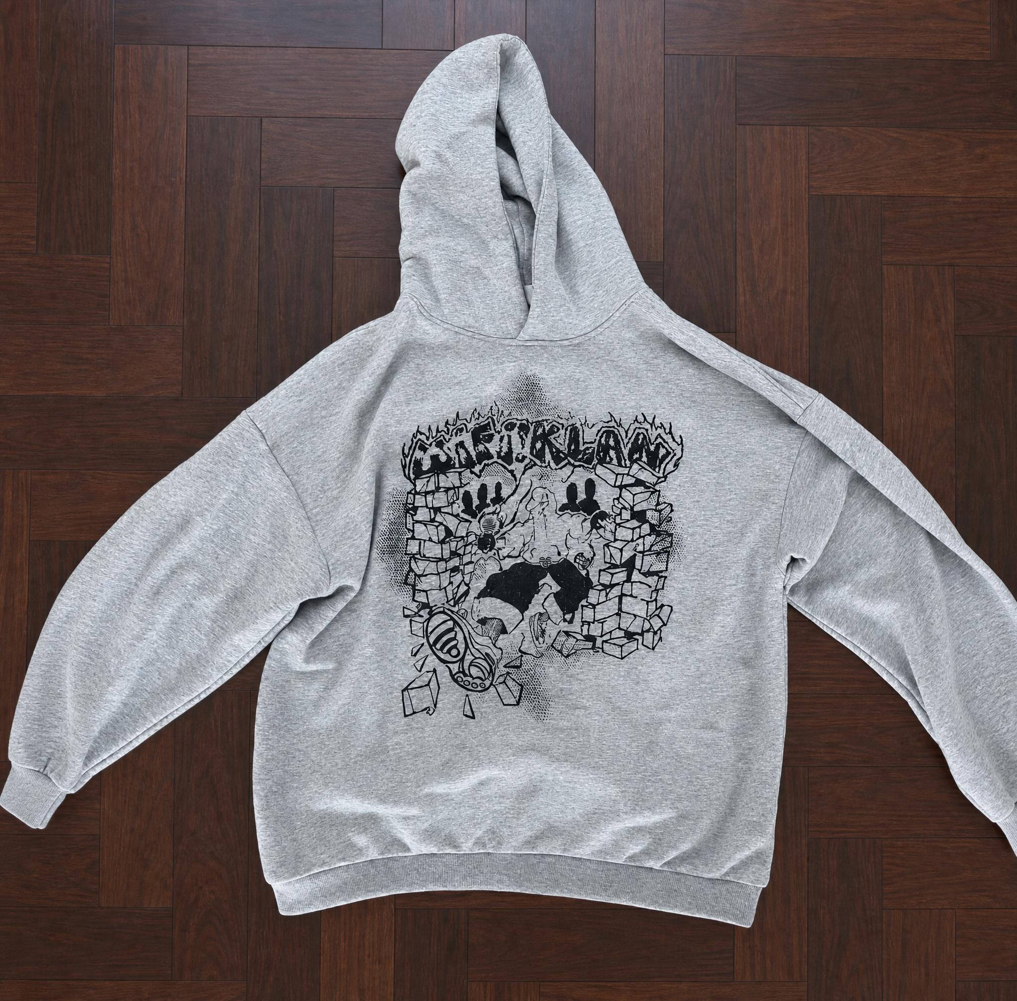 Grey Graphic Pullover Hoodie with Gothic Skull Print