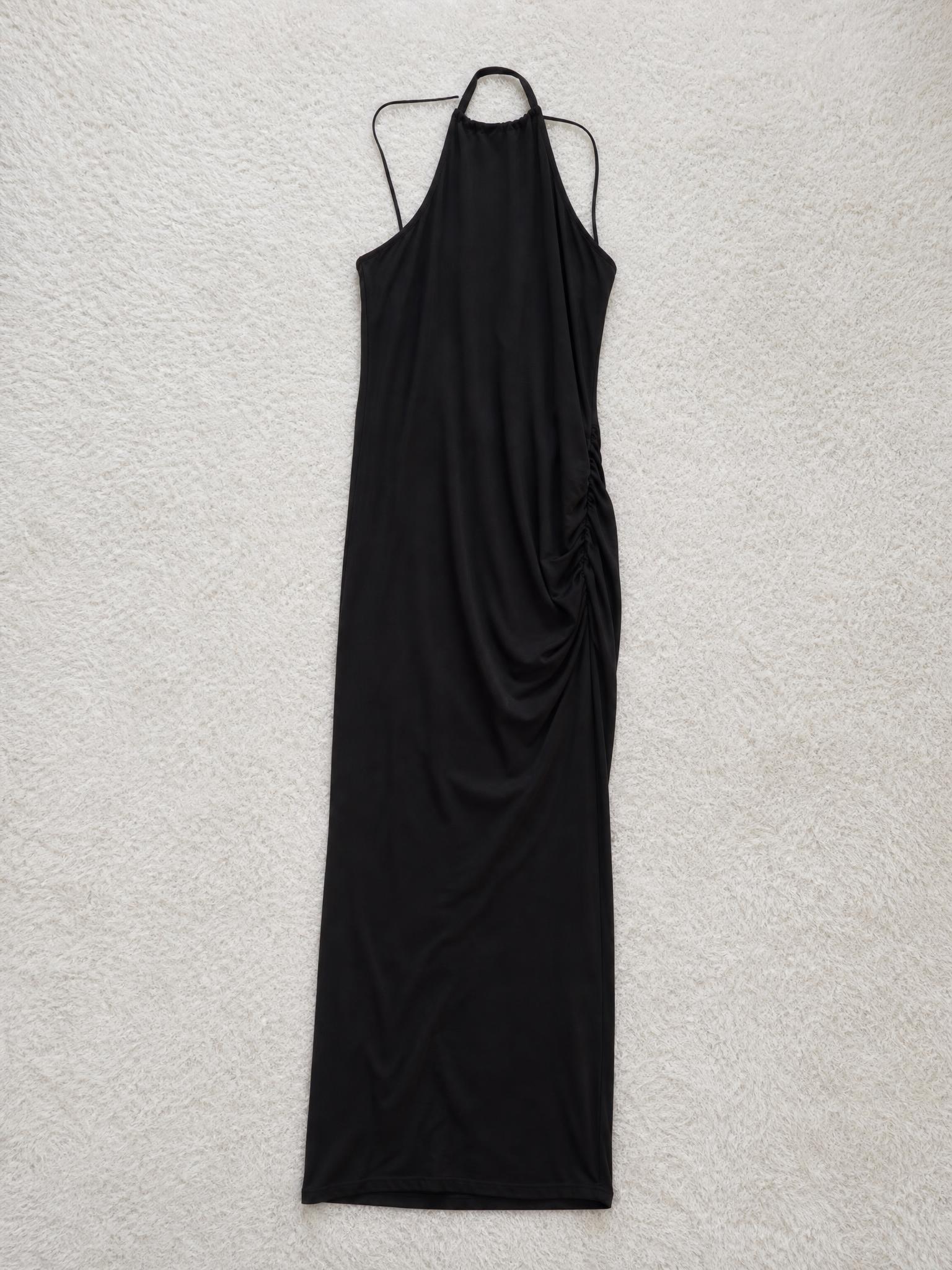Black Ruched Side Maxi Dress with Spaghetti Straps