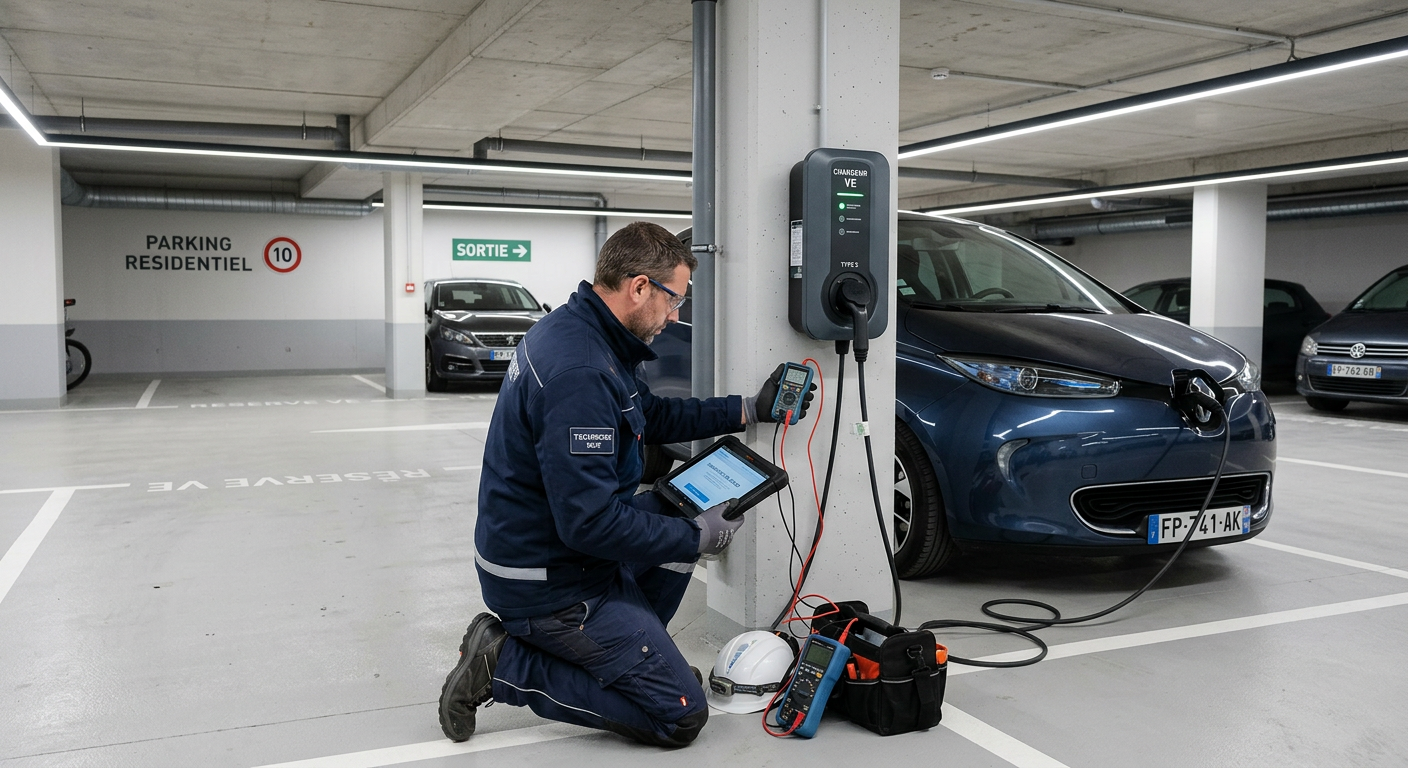 Installateur IRVE vérifiant une borne de recharge électrique dans un parking de copropriété avec un véhicule électrique en charge.