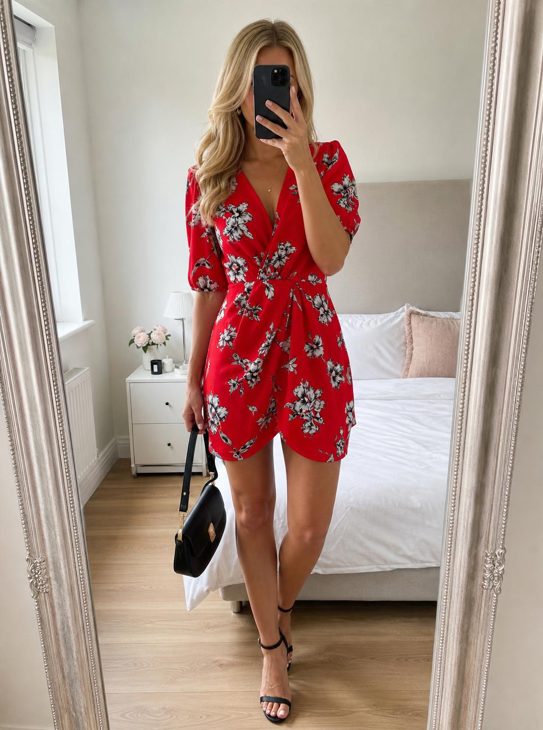 A|X Armani Exchange Red Floral Wrap Midi Dress