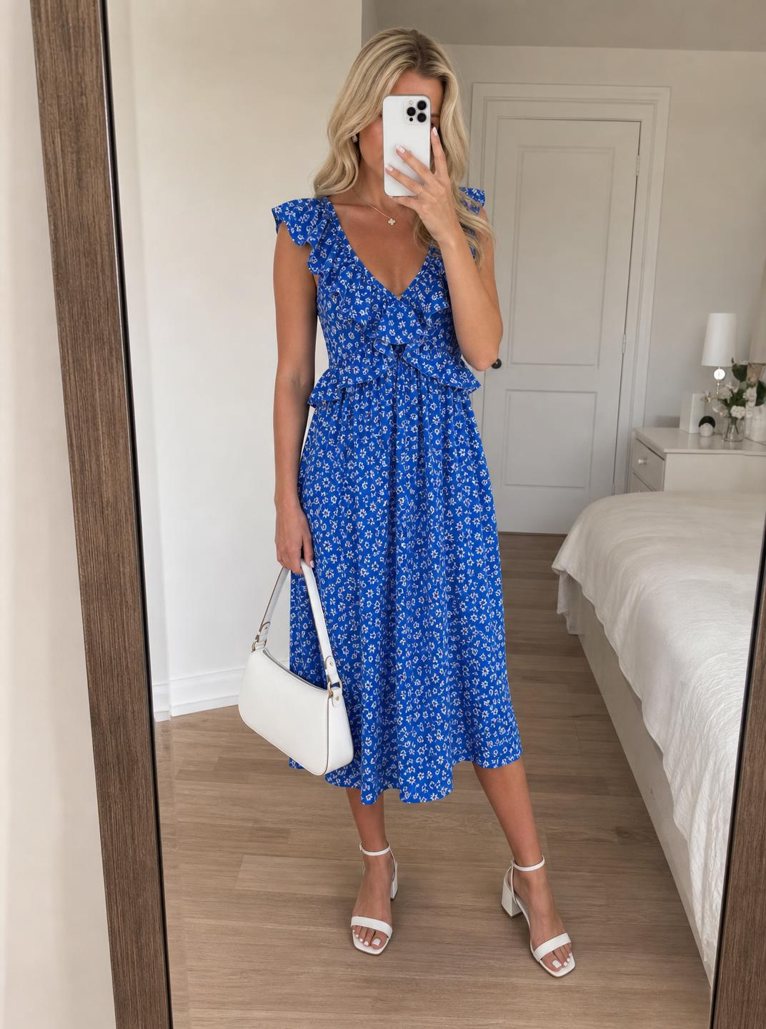 Blue Floral Midi Dress with Ruffle Straps – Very Good