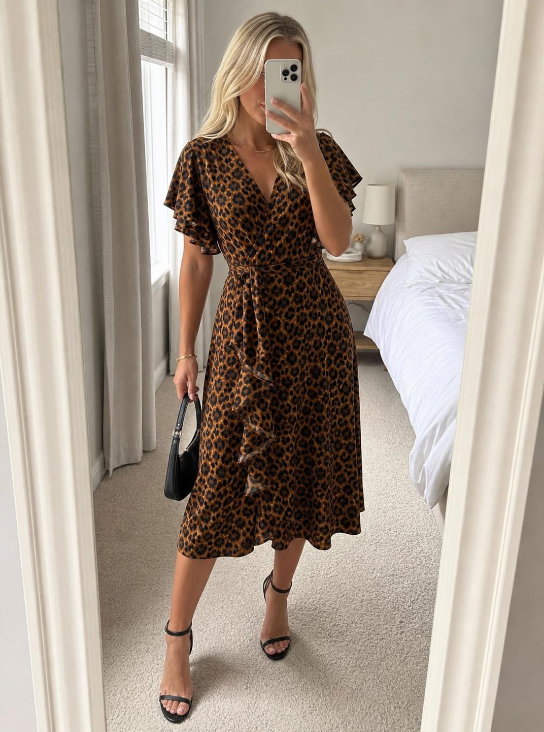 Leopard Print Wrap Midi Dress with Ruffle Sleeves