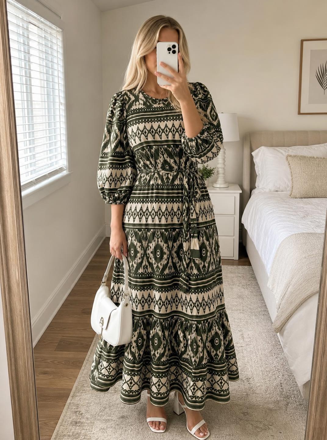 Olive Green Geometric Print Tiered Maxi Dress