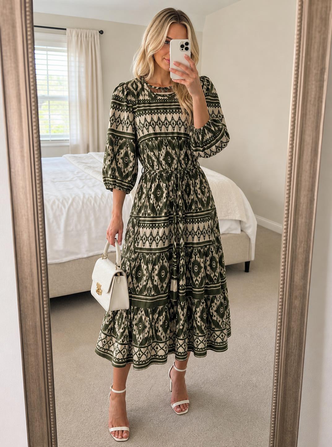 Geometric Green Tiered Maxi Dress with Puff Sleeves